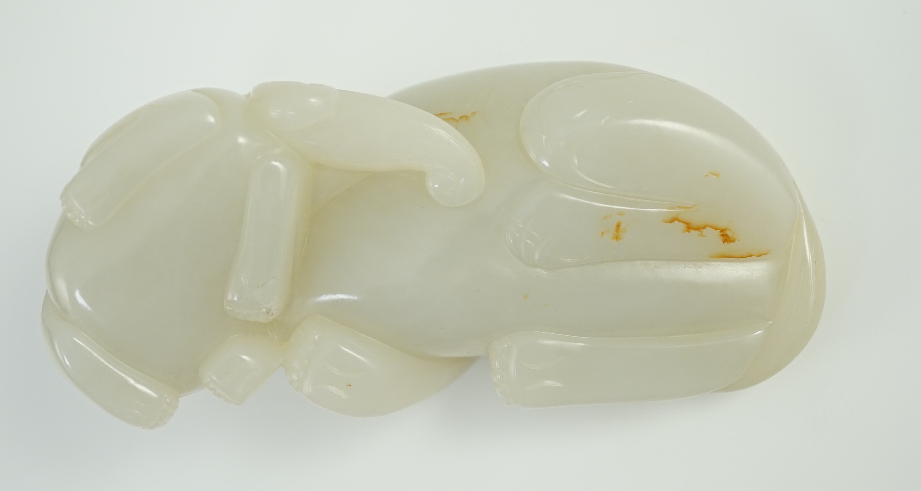 A Chinese white jade mythical beast group, 12cm long
